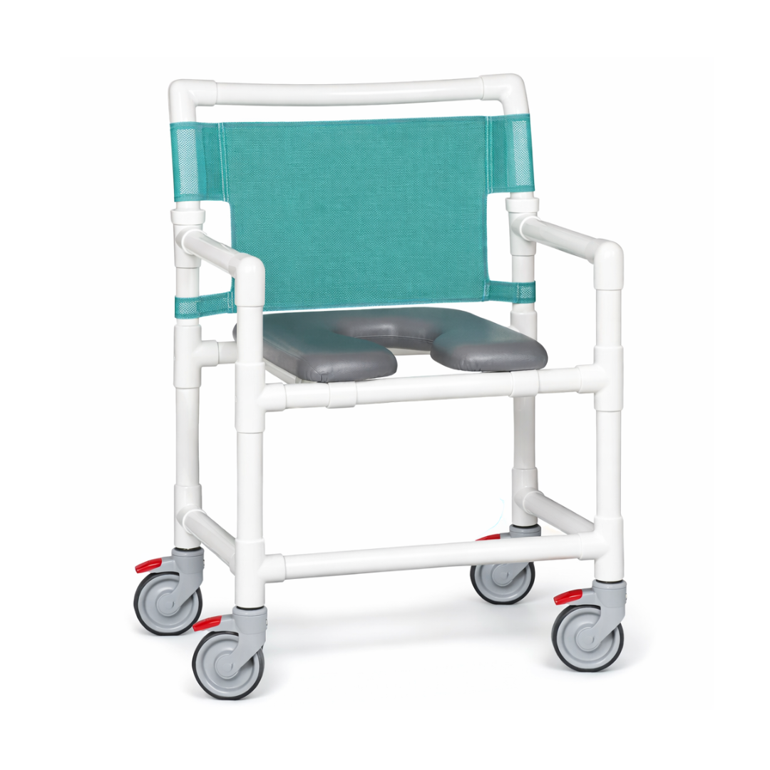 The IPU Oversize Open Front Soft Seat Rolling PVC Shower Chair features a white heavy-duty frame, teal fabric backrest, gray padded seat with opening, and four wheels with red brakes for safe and easy bathroom mobility.